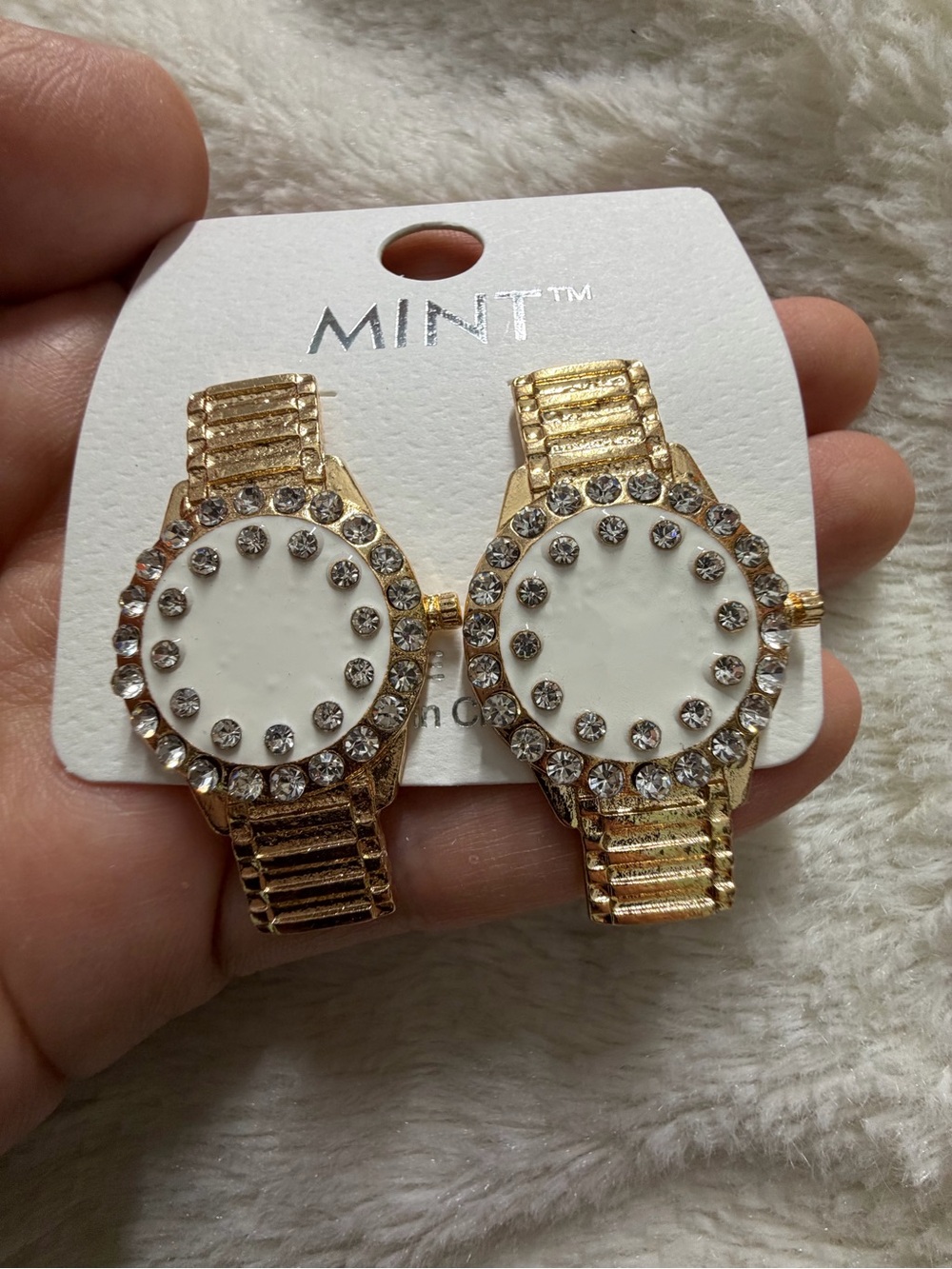 Mint Gold-Tone Crystal Watch Face Earrings - White